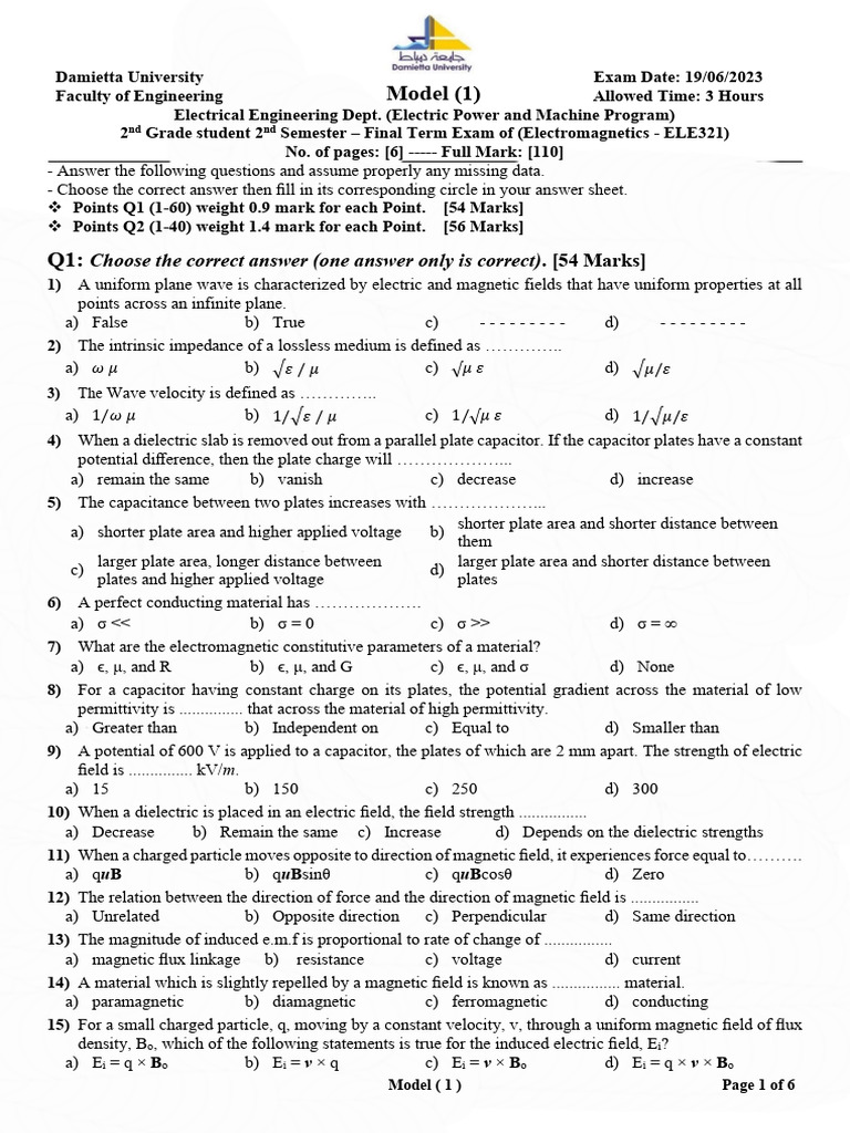 Electromagnetics Final Exam Model 2023 | PDF | Magnetic Field | Magnetism