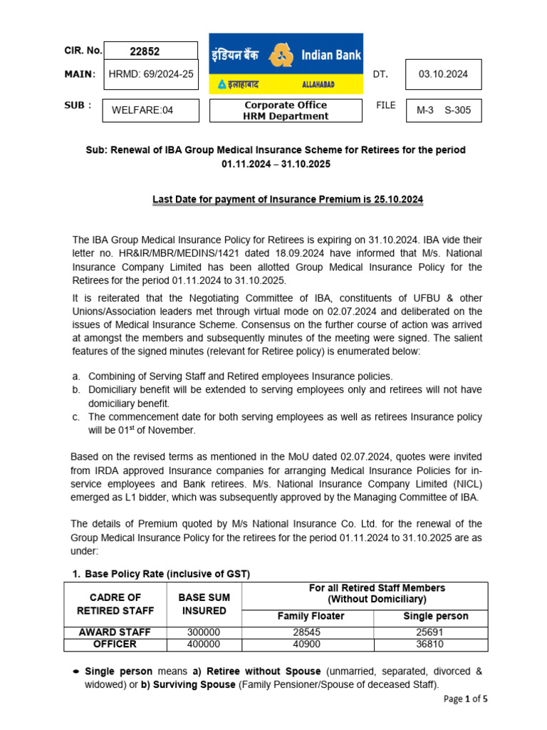 Renewal of IBA GMC For Retirees 2024-25 | PDF