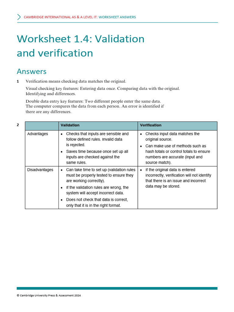 Worksheet 1.4 Validation and Verification Answers | PDF