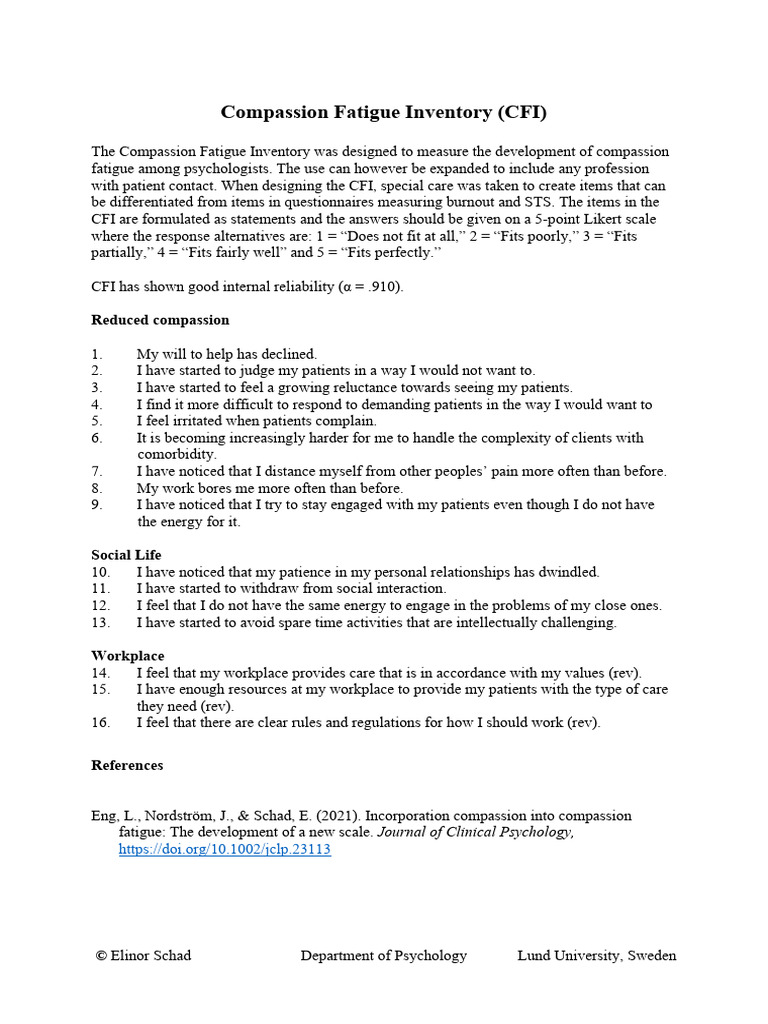 Compassion Fatigue Inventory English | PDF
