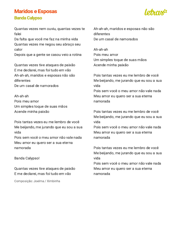 MARIDOS E ESPOSAS - Banda Calypso (Impressão) | PDF