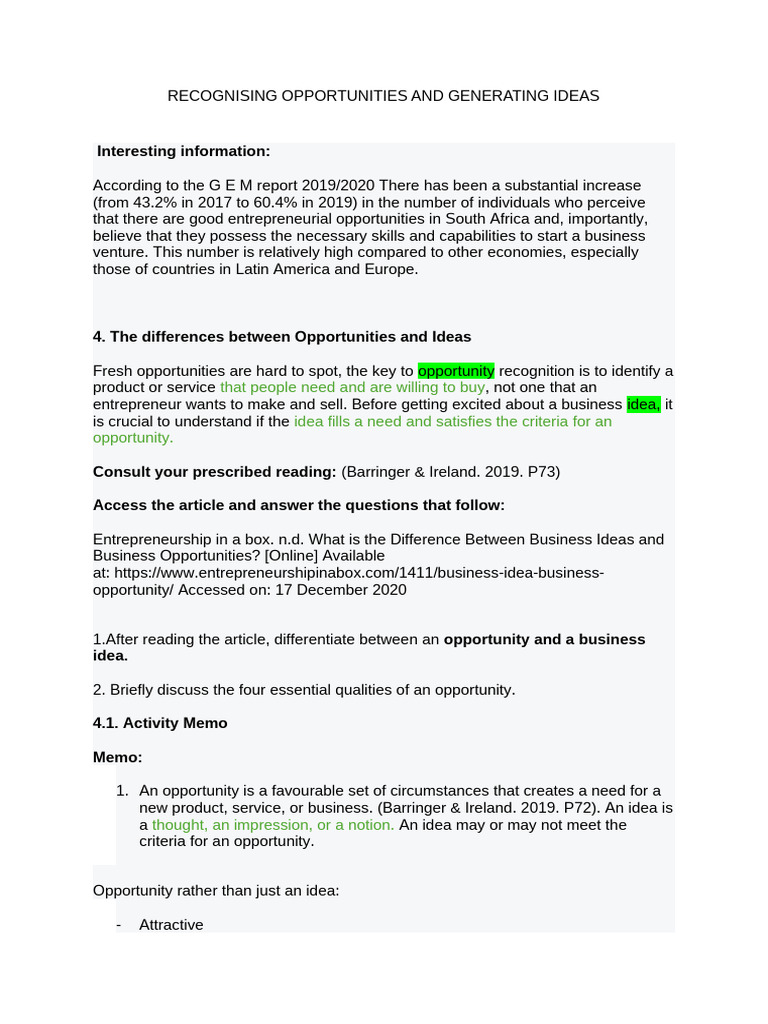 Recognising Opportunities and Generating Ideas 2.1 | PDF