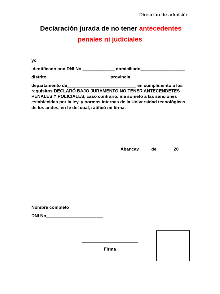 Declaración Jurada de No Tener Antecedentes | PDF | Derecho | Finanzas ...