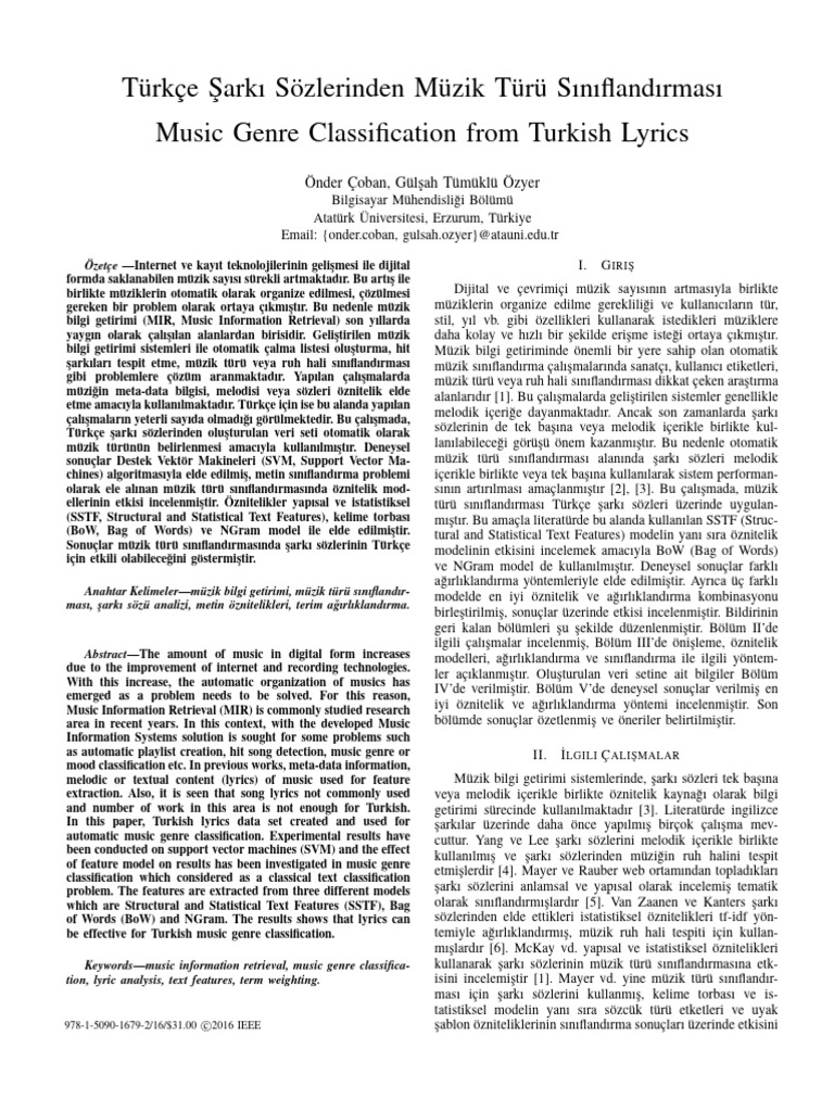 Music Genre Classification From Turkish Lyrics PDF