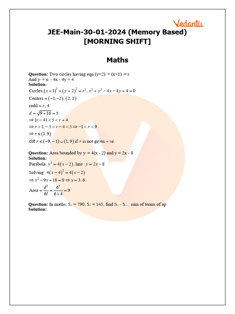 JEE Main 2024 (January 30 Shift 1) Maths Question Paper with Solutions