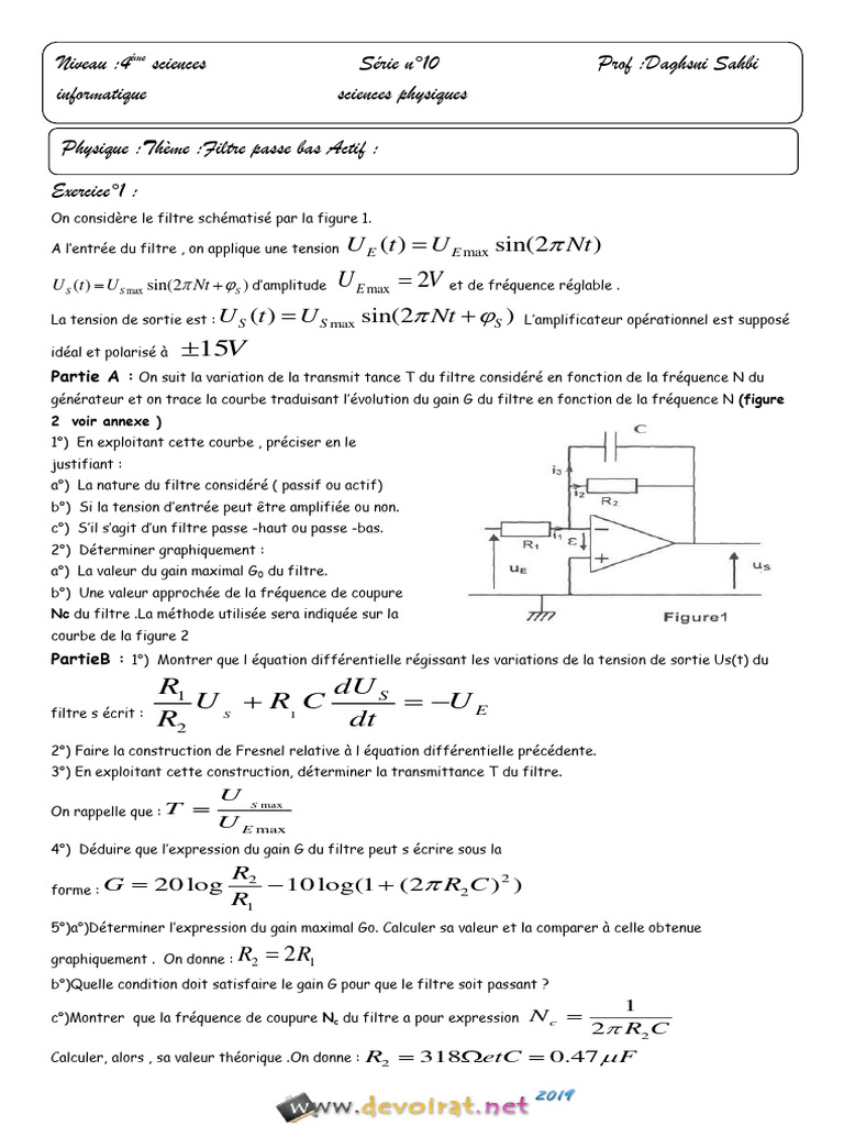 Série D'exercices - Physique - Filtre Passe Bas Actif - Bac ...