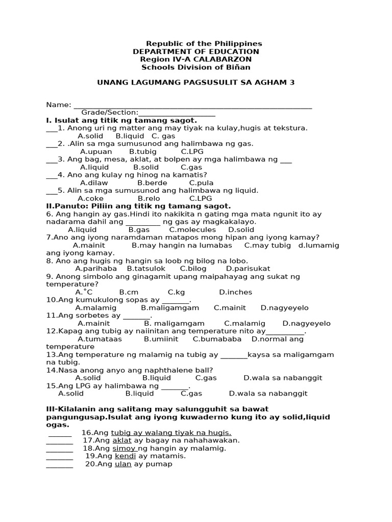 SCIENCE UNANG Lagumang Pagsusulit WITH TOS | PDF