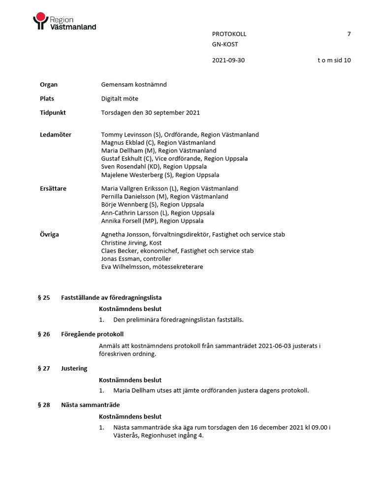 Protokoll - Gemensam Kostnämnd 210930 | PDF