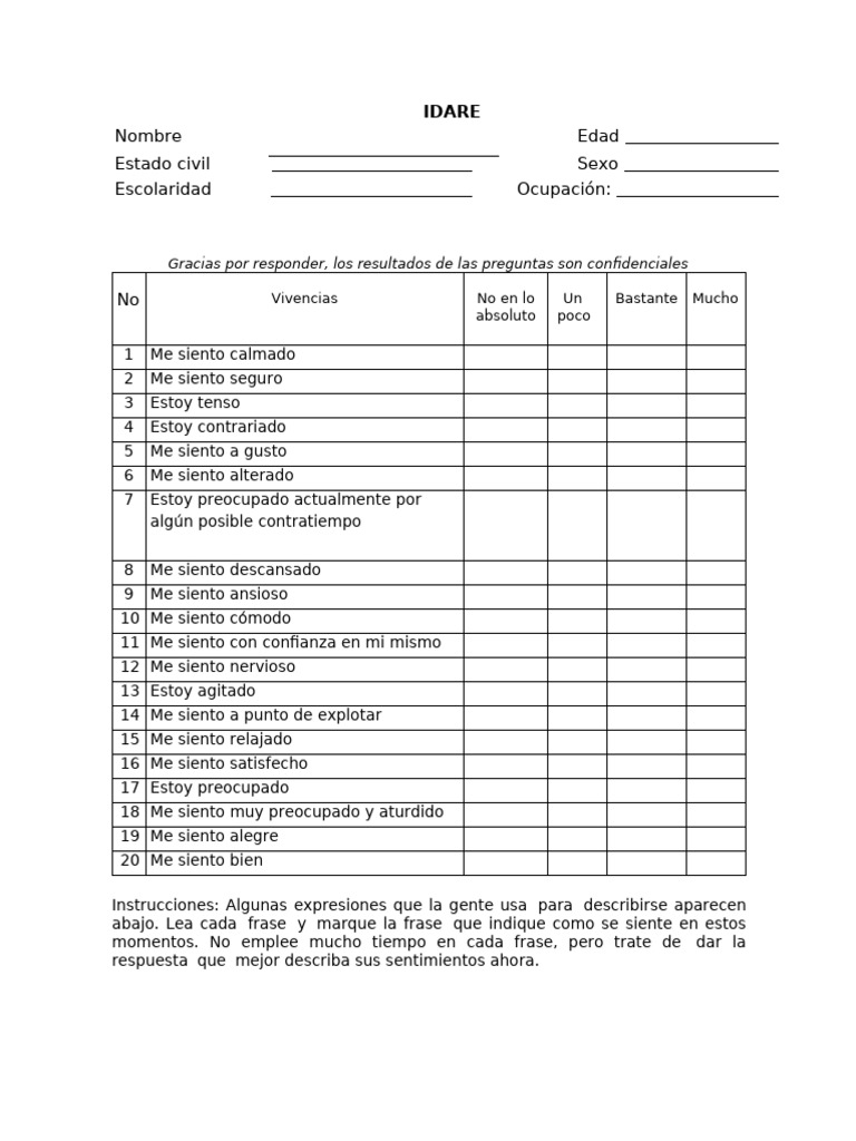 Idare-Inventario de Ansiedad Rasgo y Estado. | PDF