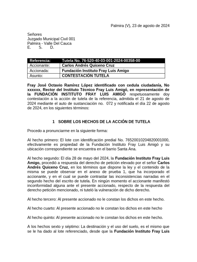 Contestación a Tutela de Carlos Quiceno | PDF | Derecho Constitucional ...