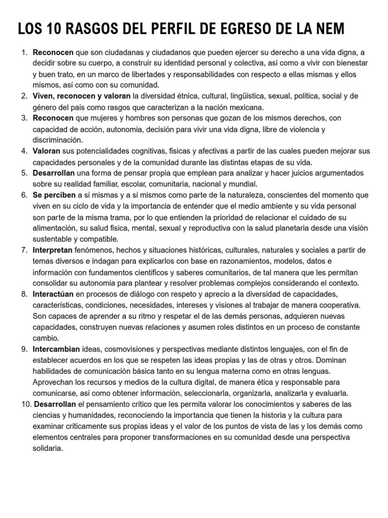 Los 10 Rasgos Del Perfil de Egreso de La Nem | PDF
