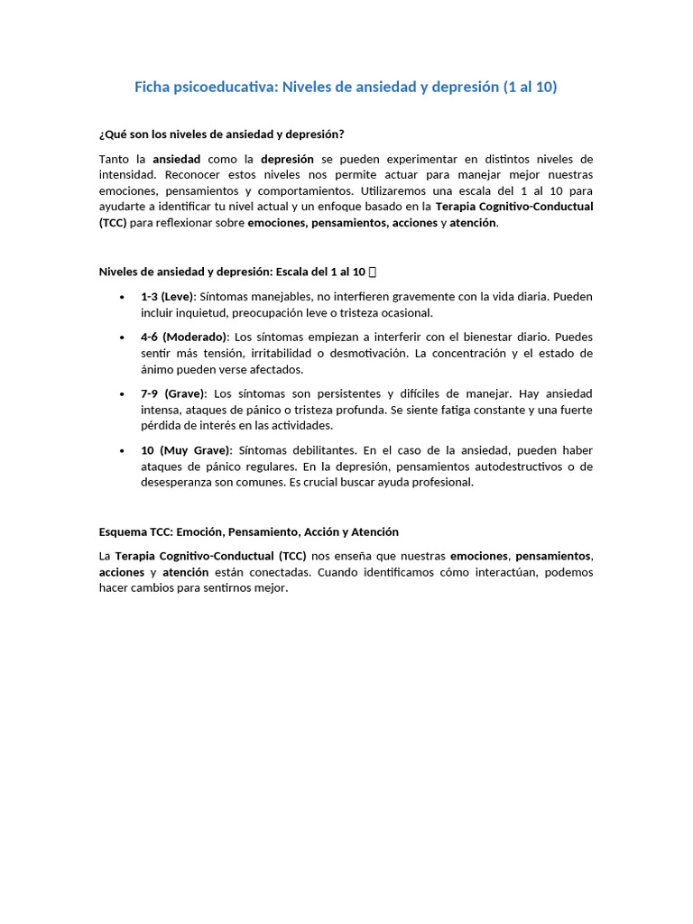 Ficha Psicoeducativa. Niveles de Ansiedad y Depresión (1 Al 10) | PDF
