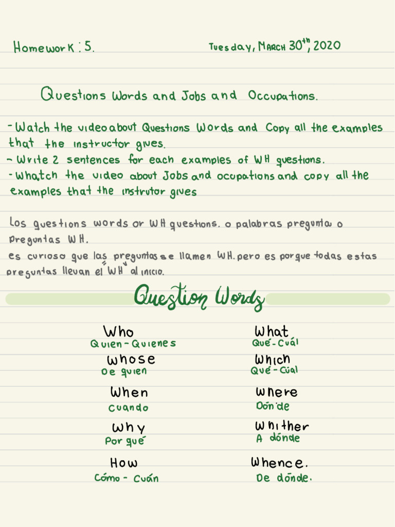 Homework 5 Question Words and Jobs and Occupation | PDF