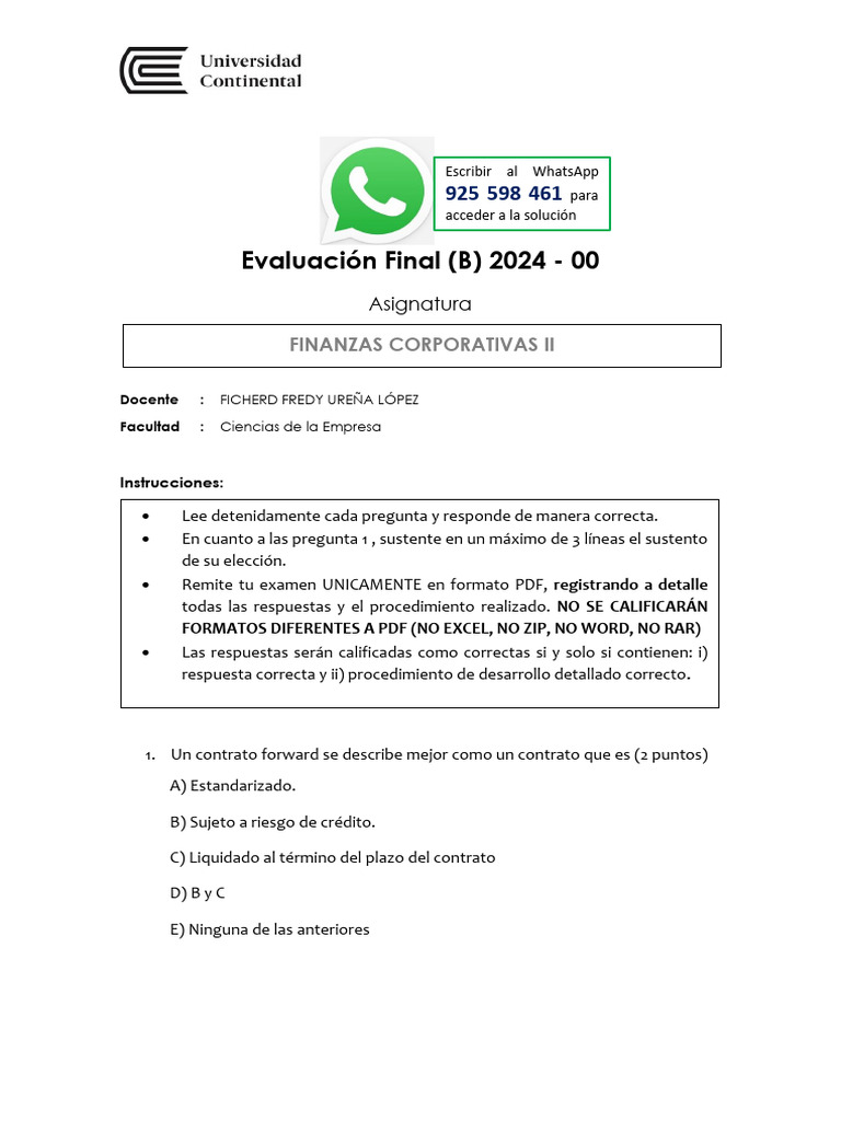 Examen Final Finanzas Corporativas II - 2024 00 Verano | PDF ...