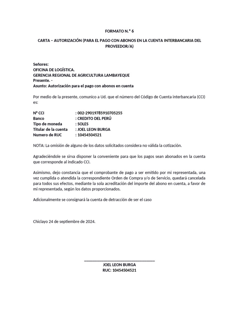 FORMATO 06 -CARTA – AUTORIZACIÓN CCI | PDF