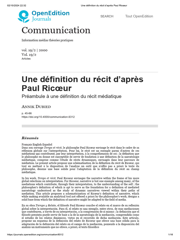 Une Définition Du Récit D'après Paul Ricœur | PDF | Récit | Herméneutiques