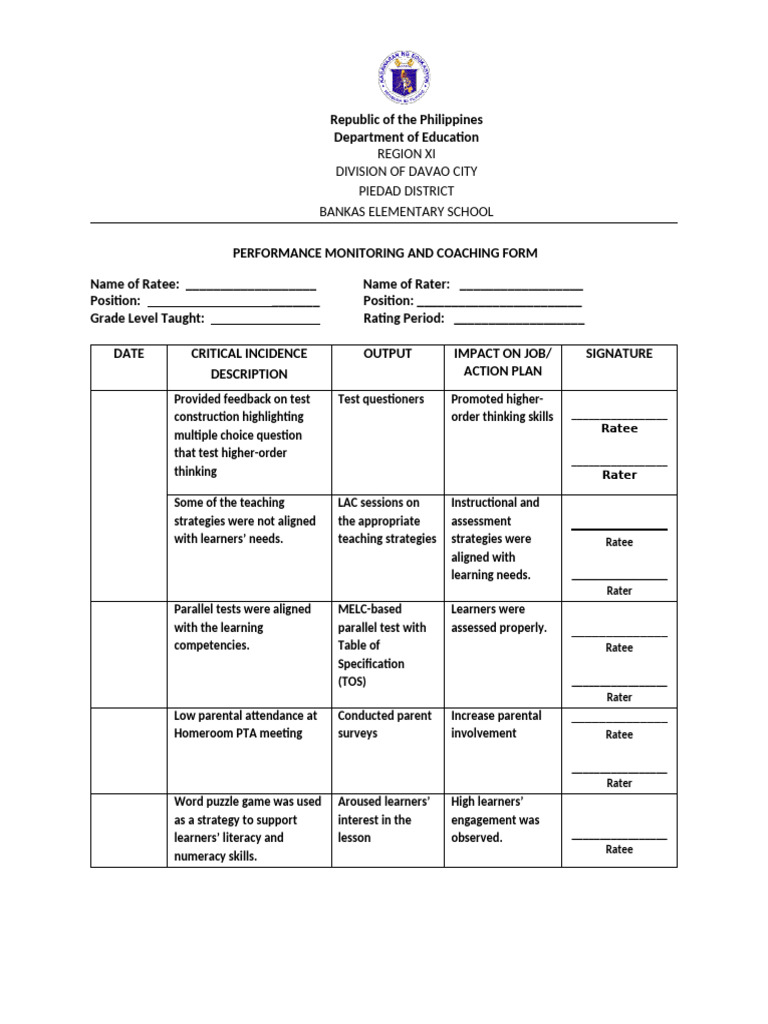 Performance Monitoring and Coaching Form | PDF