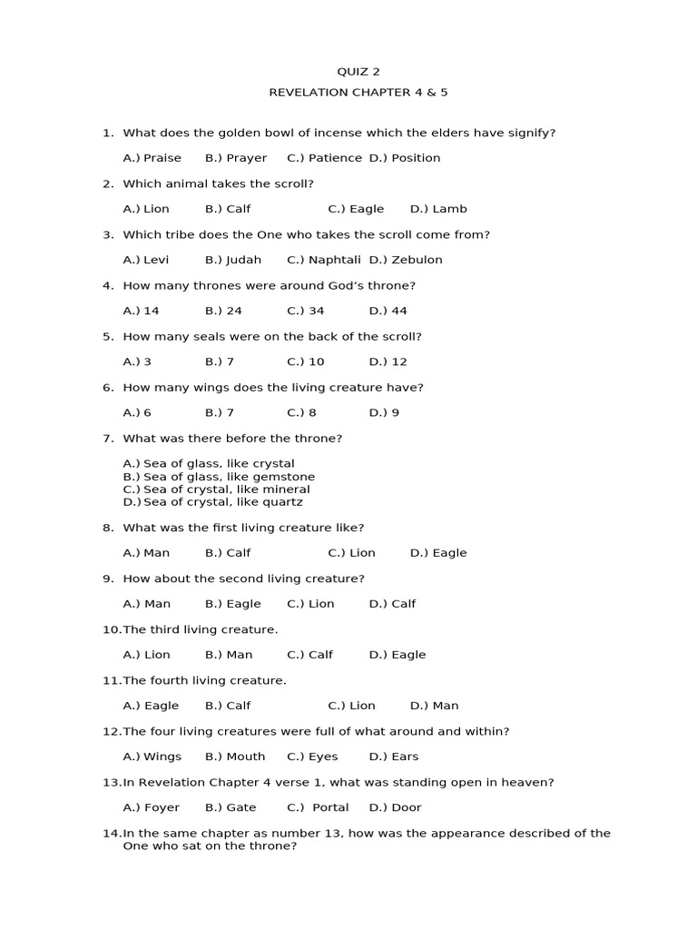 Chapt 4 5 Revelation Quiz Youth Sunday School Pdf Throne