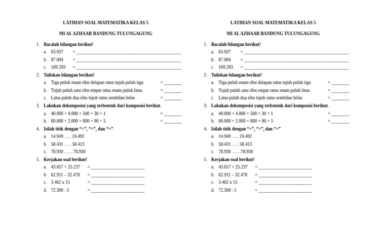 Latihan Soal Matematika Kelas 5 Bab 1 | PDF