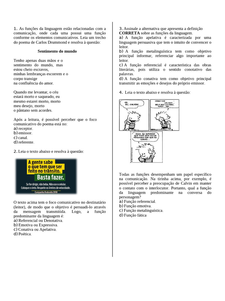 ATIVIDADE - FUNÇÕES DA LINGUAGEM 1 Ano | PDF