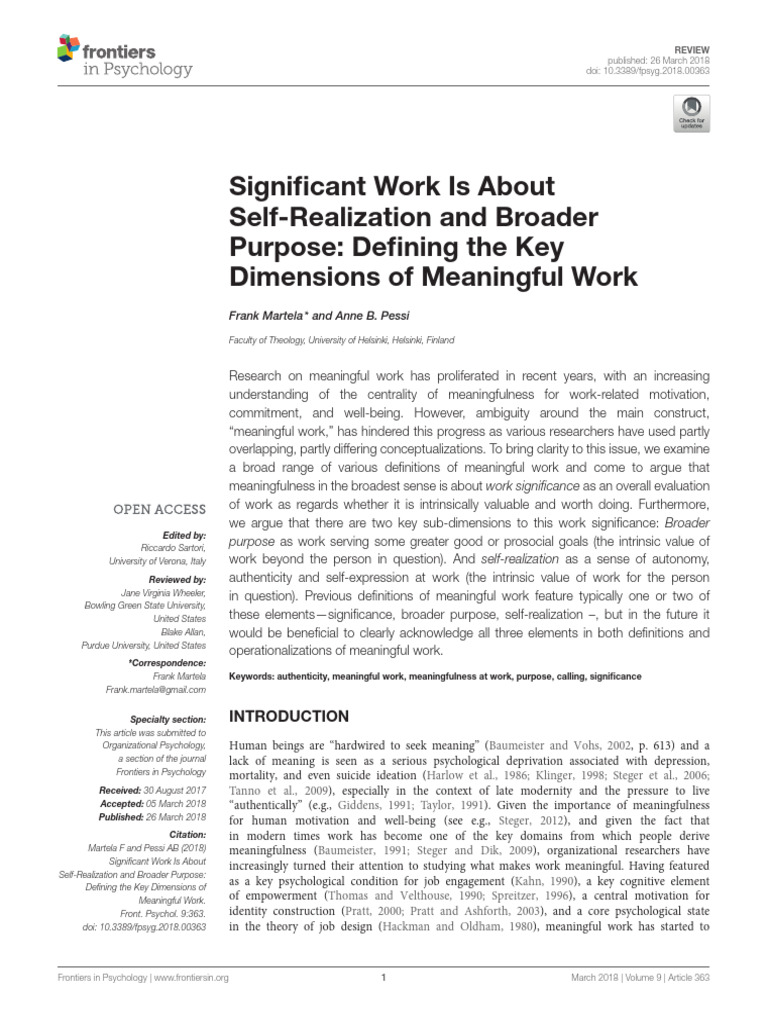 Significant work is about self realization and broader purpose
