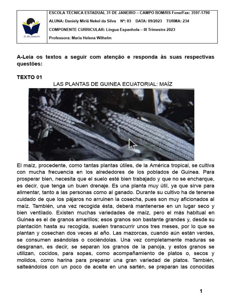 Língua Espanhola-Interpretação textual-III Trimestre-2023-Daniely Miriã ...