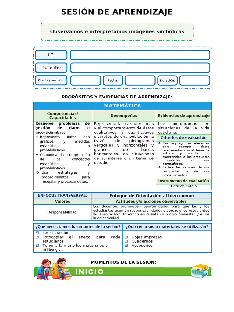 Sesión de Aprendizaje Mate Pictogramas | PDF