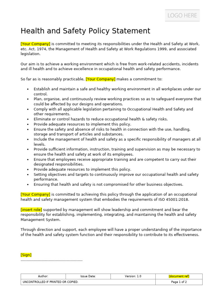 Health and Safety Policy Statement Template | PDF