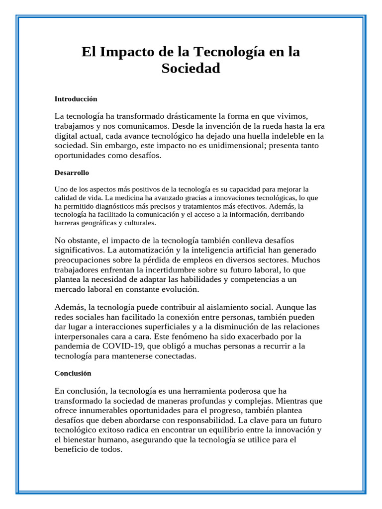 ENSAYOS El Impacto de La Tecnología en La Sociedad | PDF