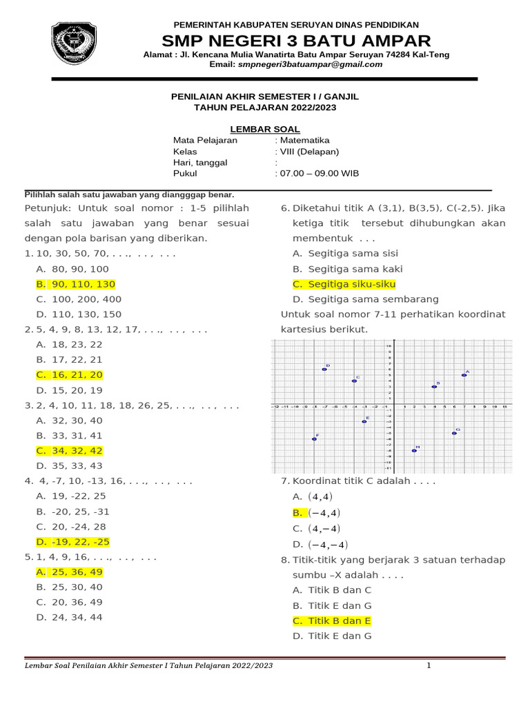 50 Soal Matematika Kelas 8 Semester 1 Kurikulum Merdeka dan Jawaban