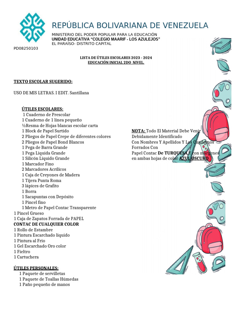 Lista de Útiles 2do Grado 2023-2024 | PDF
