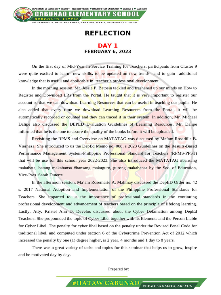 Midyear Inset 2023 Reflection Day 1 | PDF