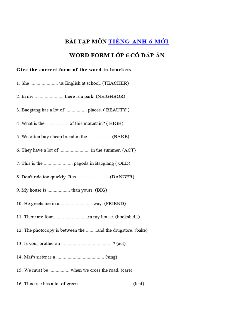 Bai Tap Word Form Lop 6 | PDF