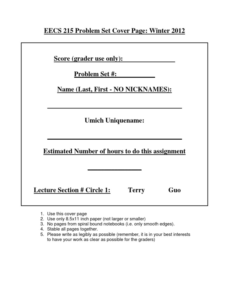 EECS 215 Problem Set Cover Page | PDF | Teaching Mathematics