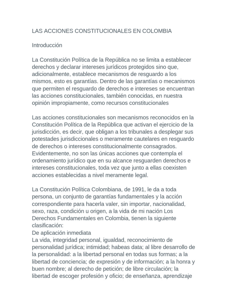 Las Acciones Constitucionales en Colombia | PDF