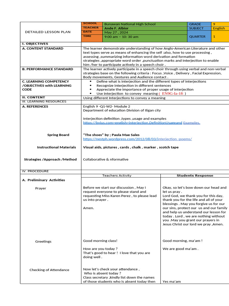 Grade 9 English Lesson on Interjections | PDF | Lesson Plan | Cognitive ...