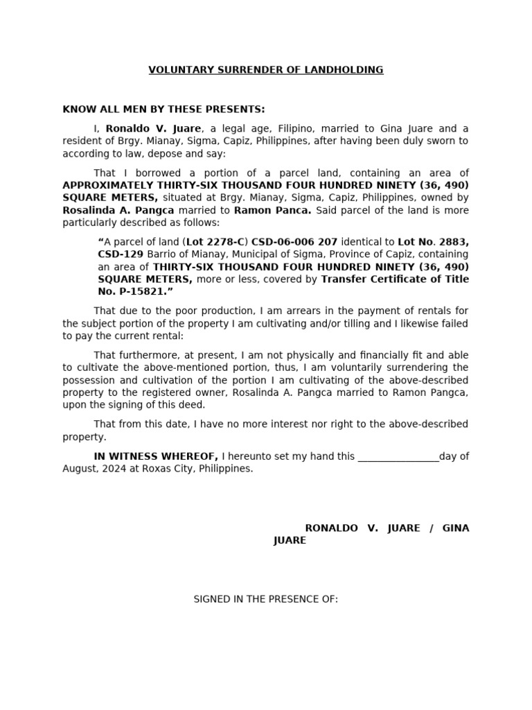 Voluntary Surrender of Landholding | PDF