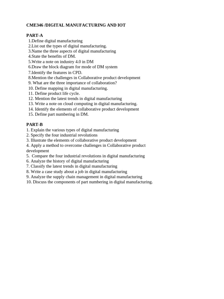 Cme346 /digital Manufacturing and Iot Part-A | PDF