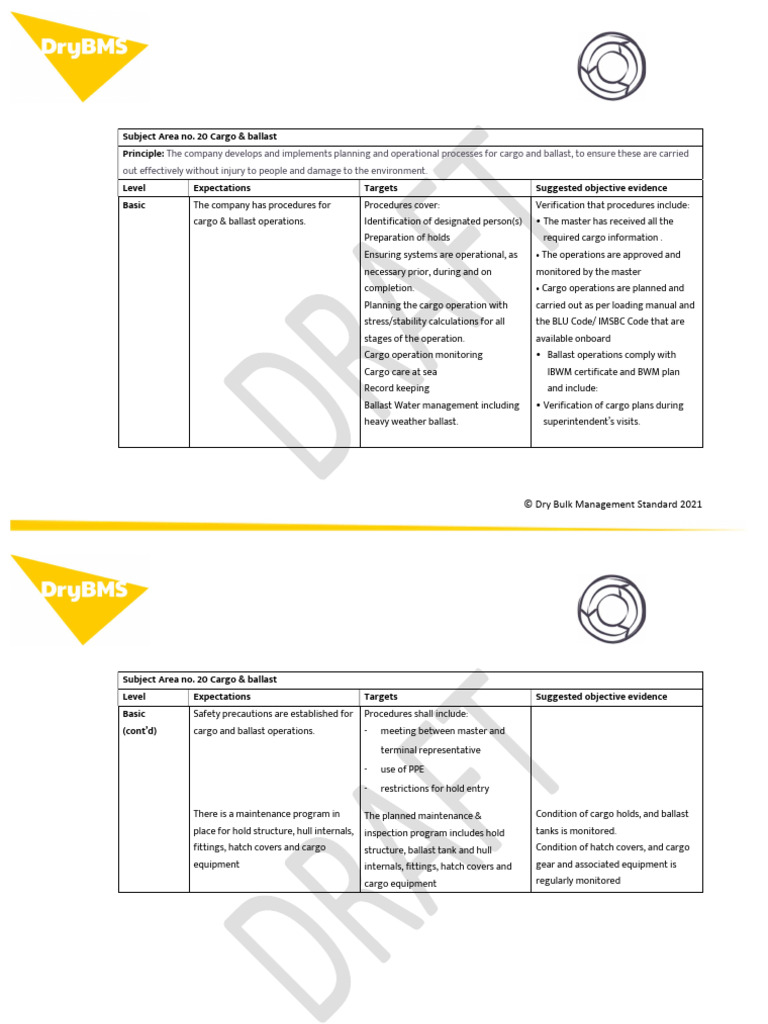 DryBMS Process Subject Area No. 20 Cargo Ballast Final Draft | PDF