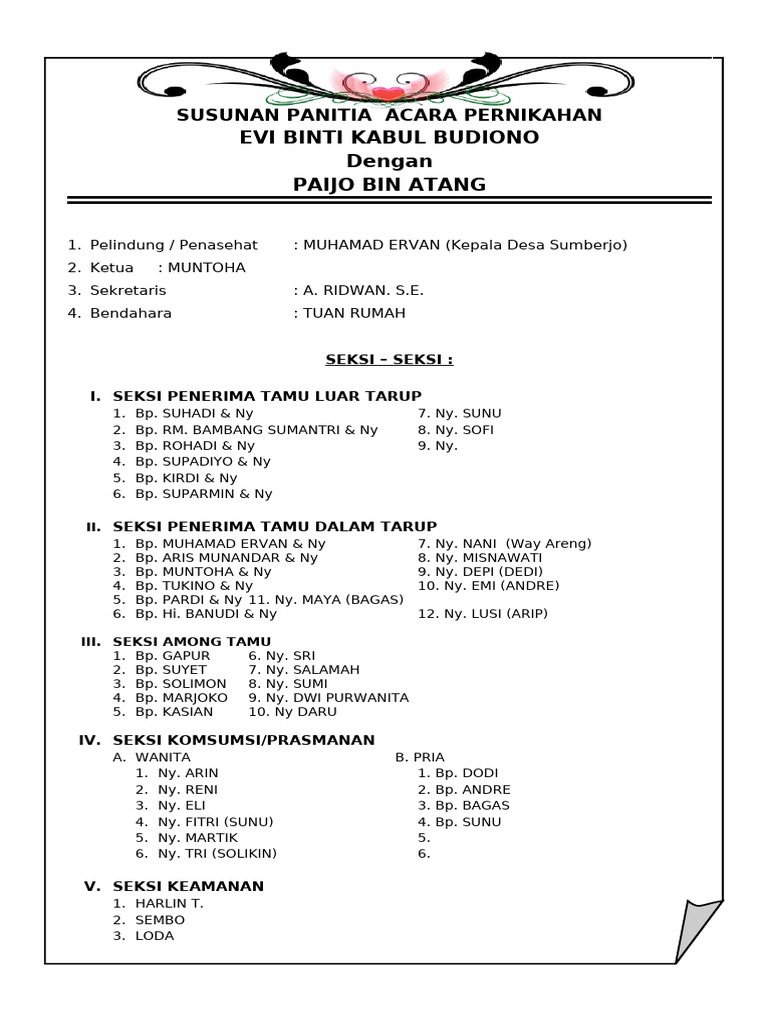 Susunan Panitia Acara Pernikahan | PDF