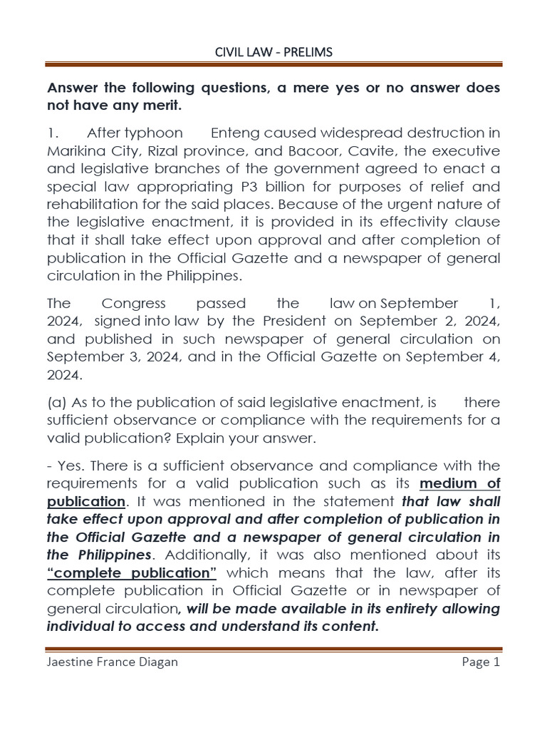 Diagan - Civil Code Prelim | PDF