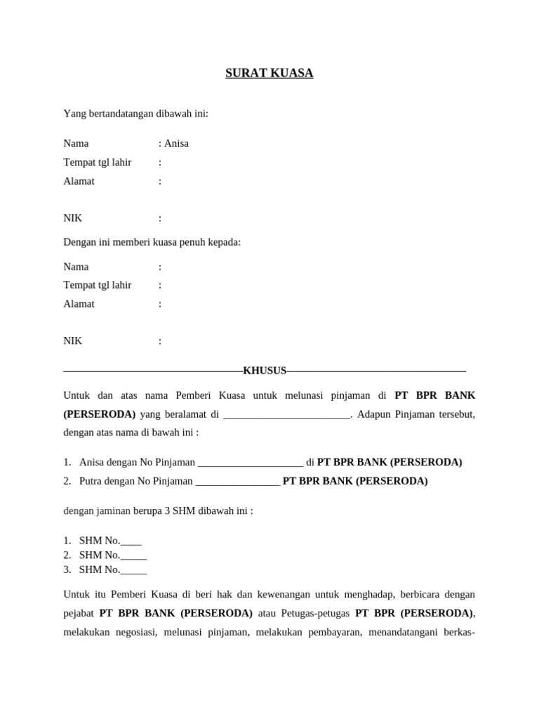 contoh surat kuasa pelunasan hutang oleh orang lain | PDF