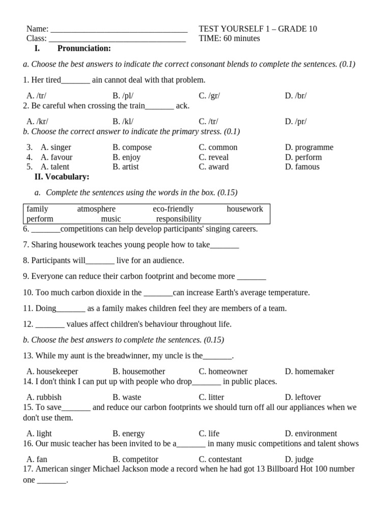 Test Yourself 1 Lop 10 | PDF | Blues