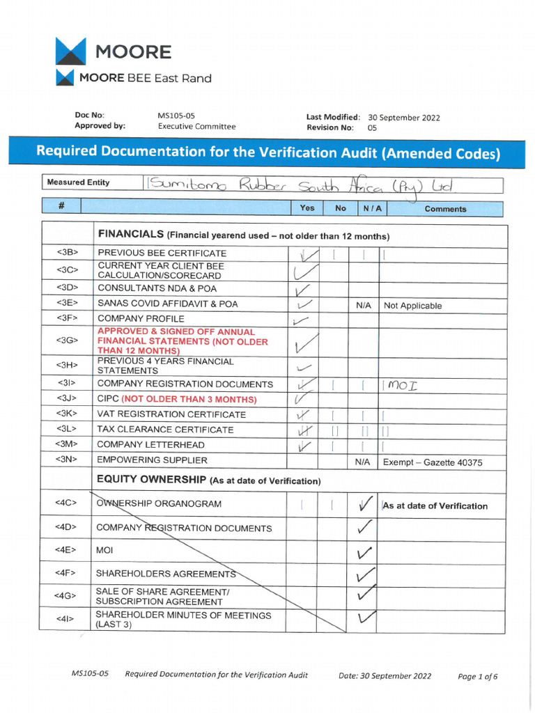 MS105-05 REQUIRED DOCUMENTATION FOR VERIFICATION To Be Updated | PDF