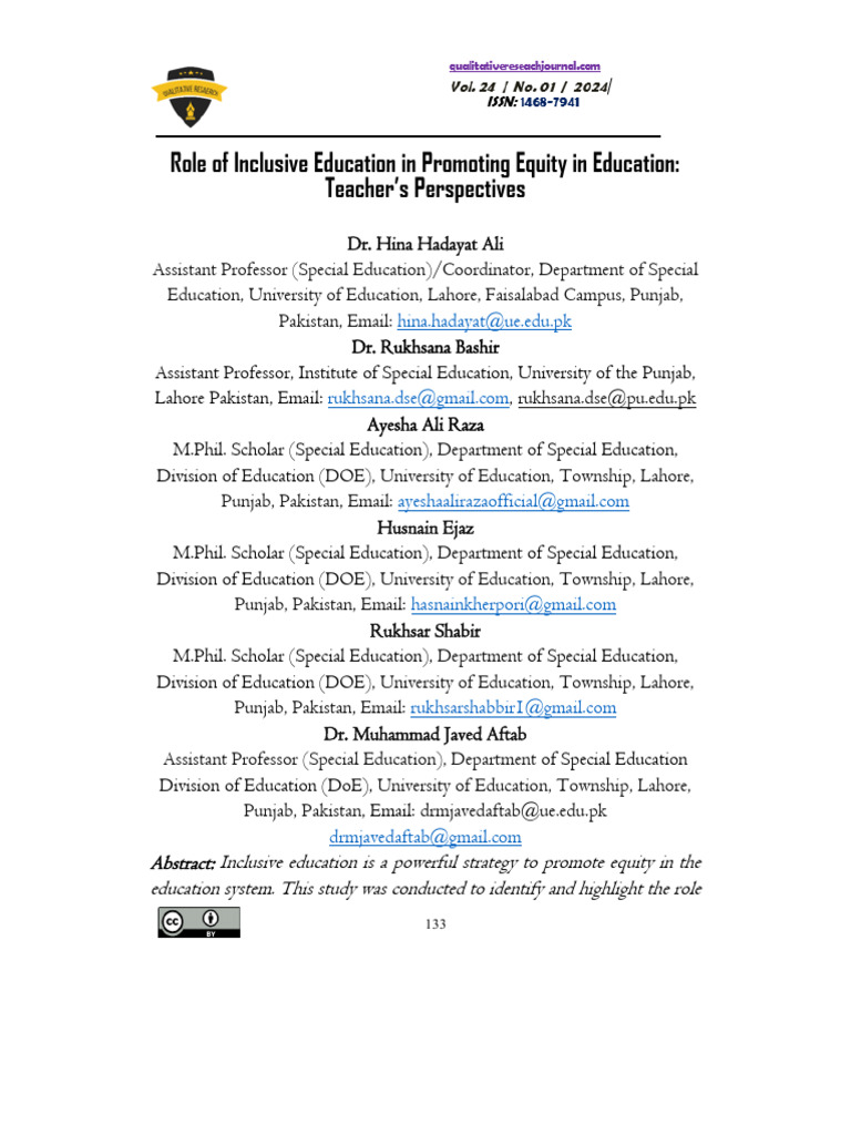 Role of Inclusive Education in Promoting Equity in Education: Teacher's ...