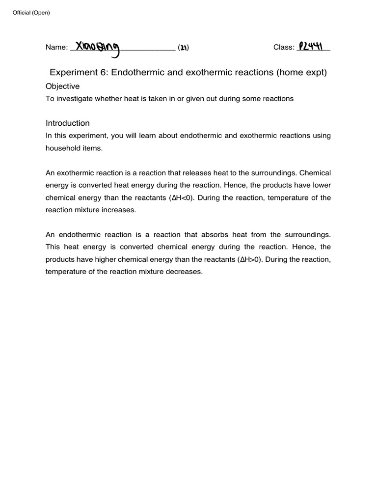 Expt 6 - Endothermic and Exothermic Reactions (Home Expt) | PDF