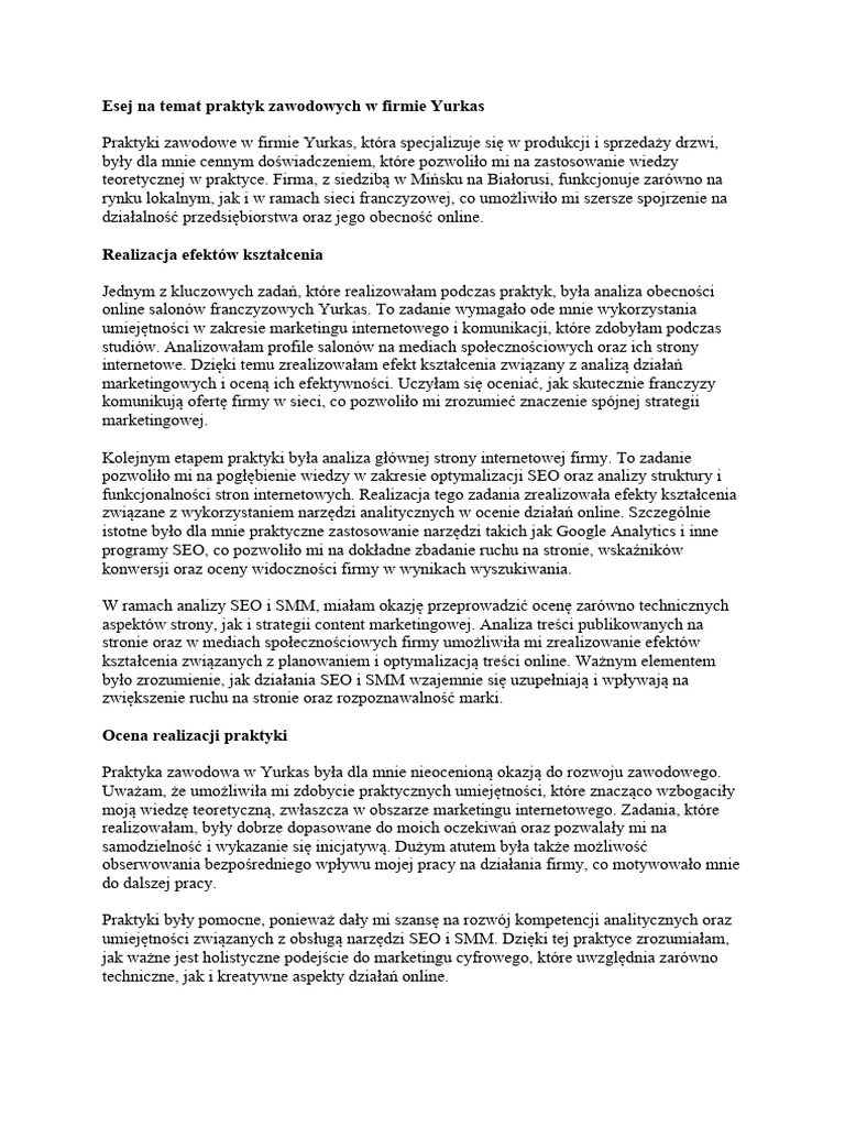 Esej Na Temat Praktyk Zawodowych W Firmie Yurkas | PDF