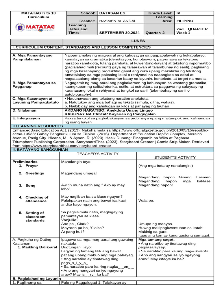 Filipino Grade 4 Matatag Detailed Lesson Plan | PDF