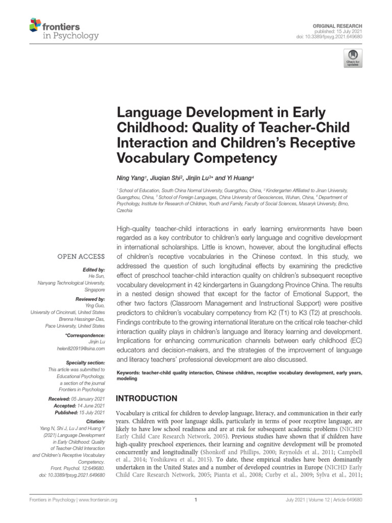 Language Development in Early Childhood Quality of Teacher-Child ...