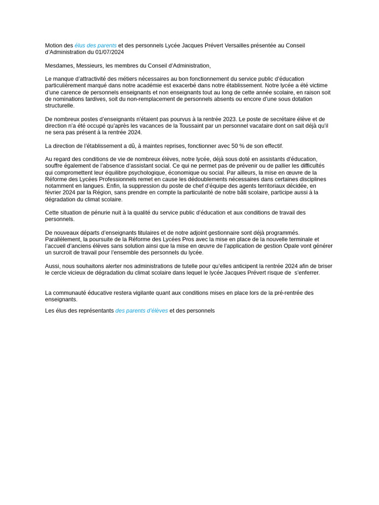 Motion Des Elus Des Parents Et Des Personnels Lycee Jacques Prevert ...
